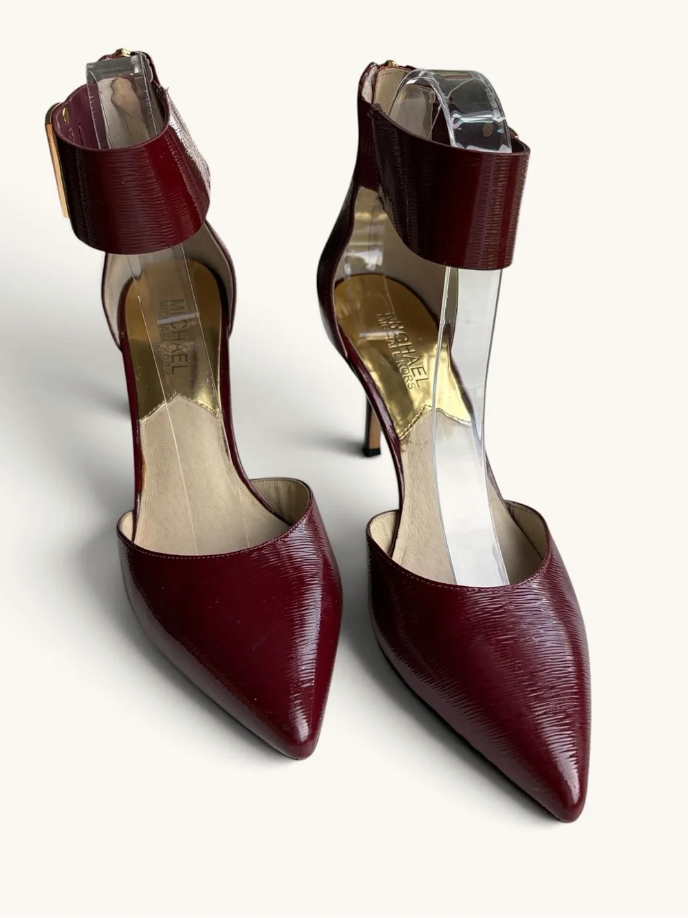 Michael Kors Burgundy Pointed-Toe Ankle-Strap Heels with Gold Accent